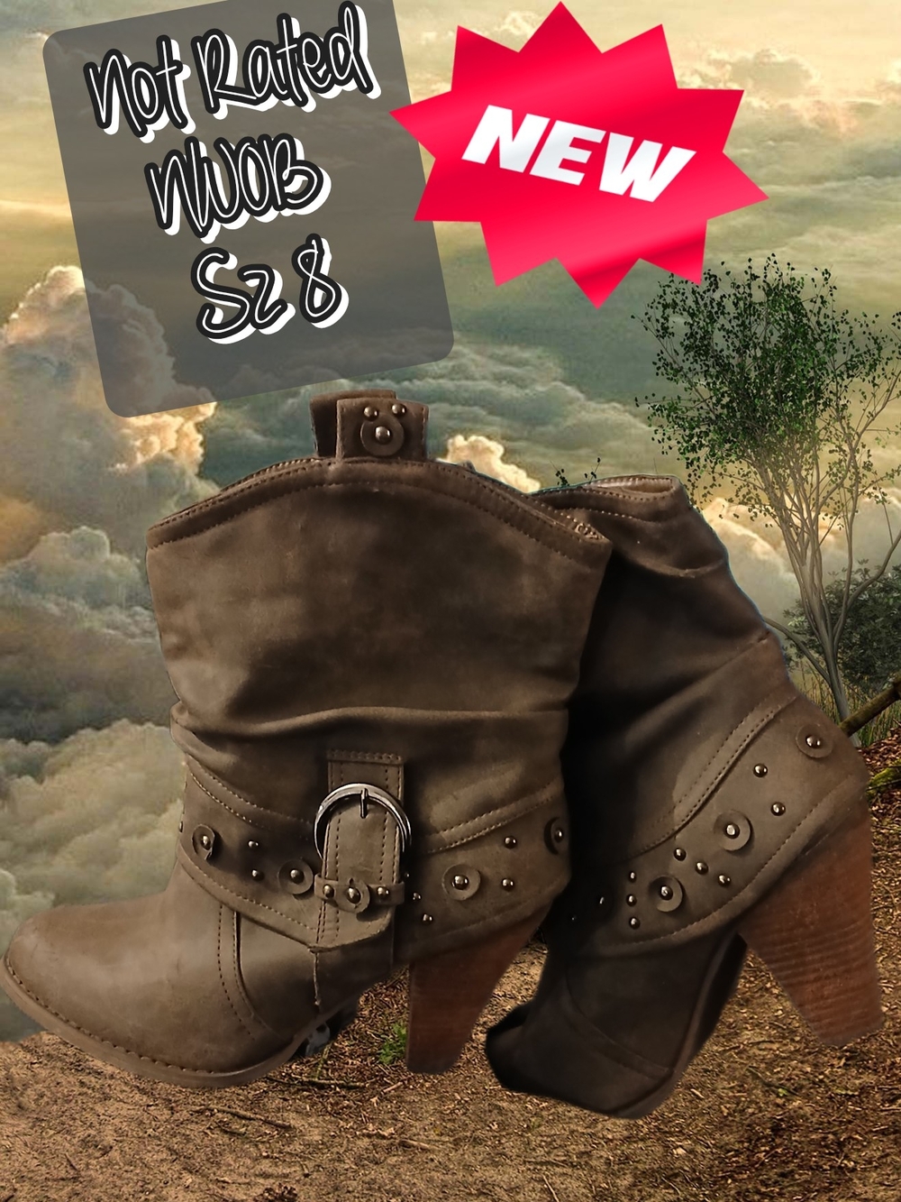 Not Rated Taupe Studded Buckle Mid-Calf Heeled Boots
